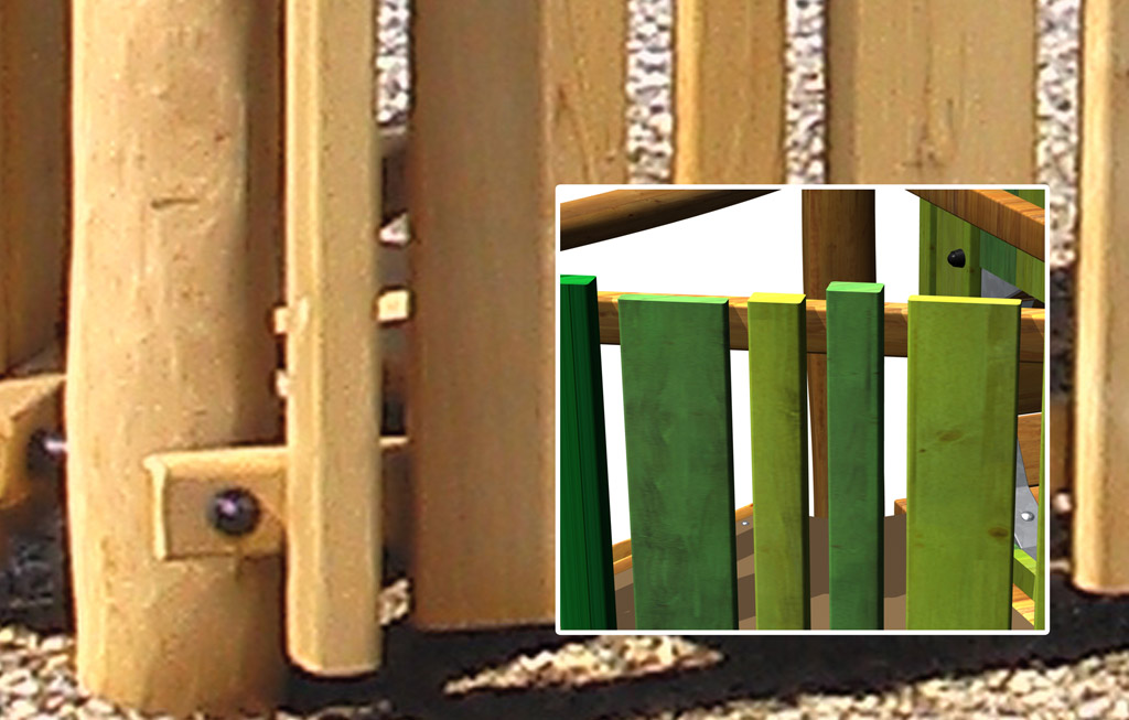 Les palissades, le mur d'escalade, la passerelle, la tablette et le tunnel